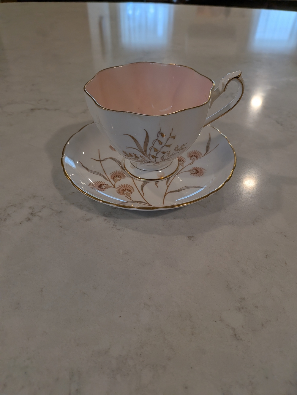 Pink Interior Porcelain Teacup and Saucer with Gold Floral Trim Differen Maker